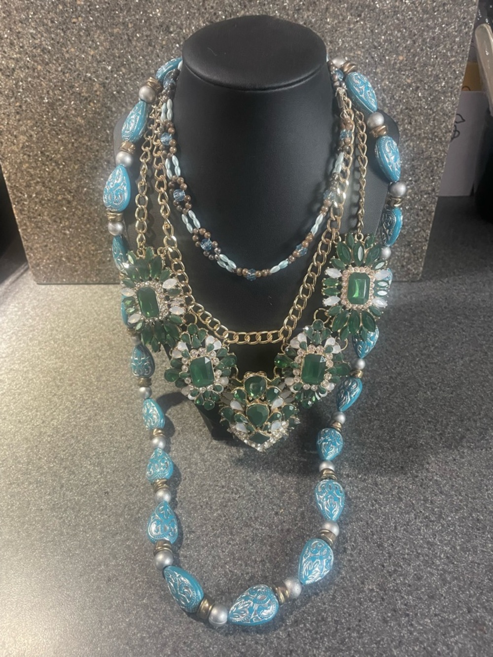 Statement Multi-Strand Green and Turquoise Color Necklace - Women Jewelry Bundle